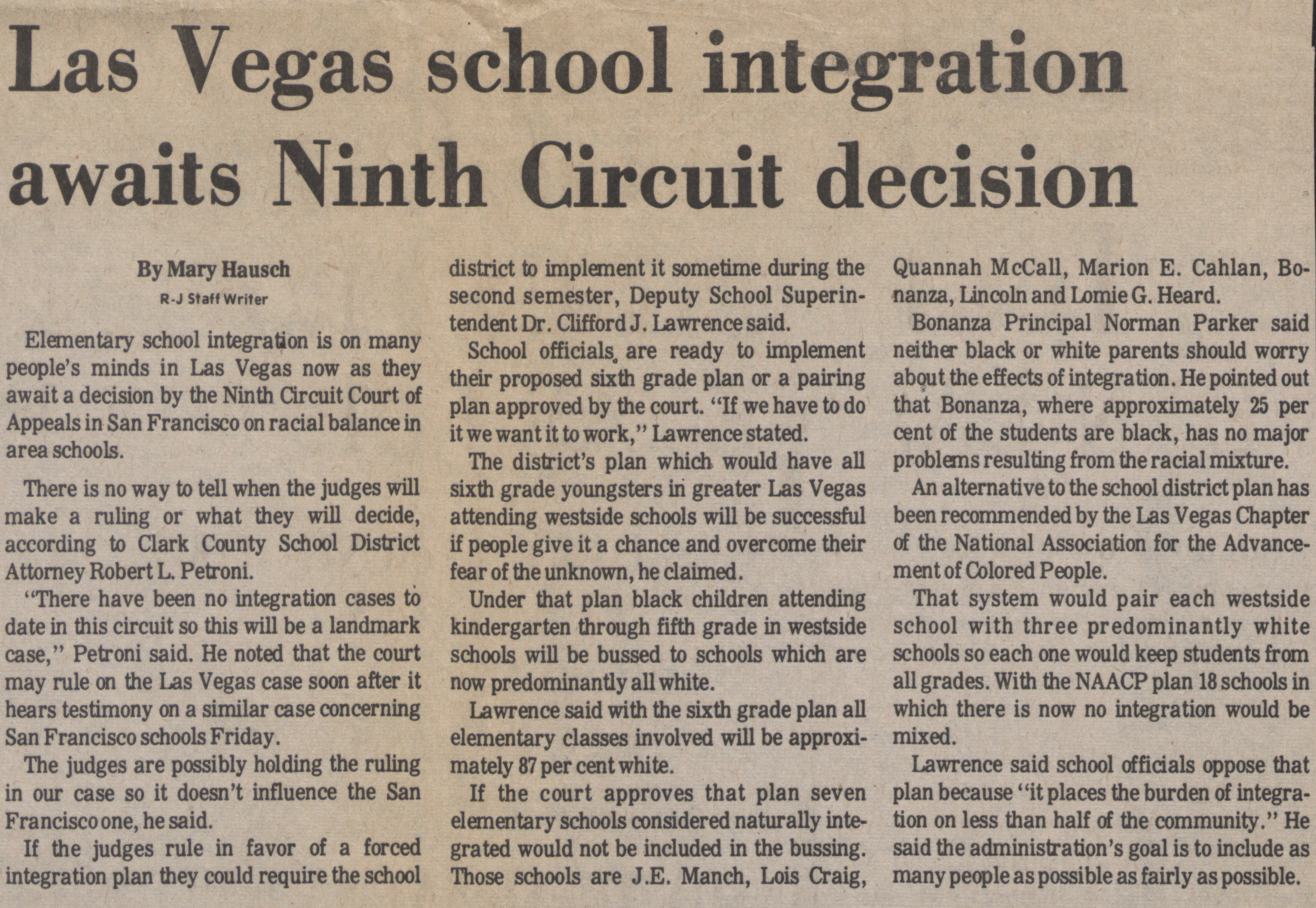 Newspaper clipping, Las Vegas school integration awaits Ninth Circuit decision, Las Vegas Review-Journal, January 13, 1972