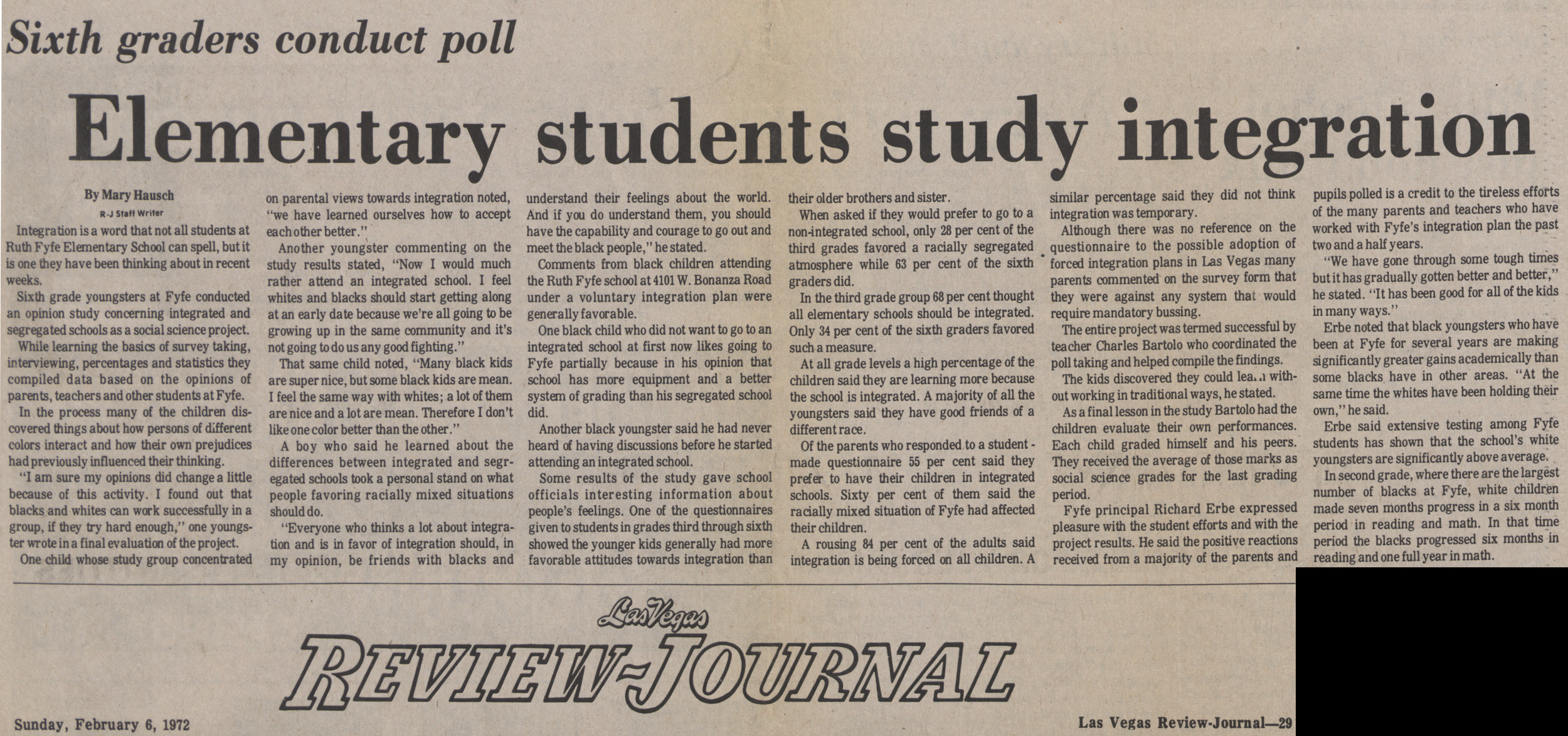 Newspaper clipping, Sixth graders conduct poll - Elementary students study integration, Las Vegas Review-Journal, February 6, 1972