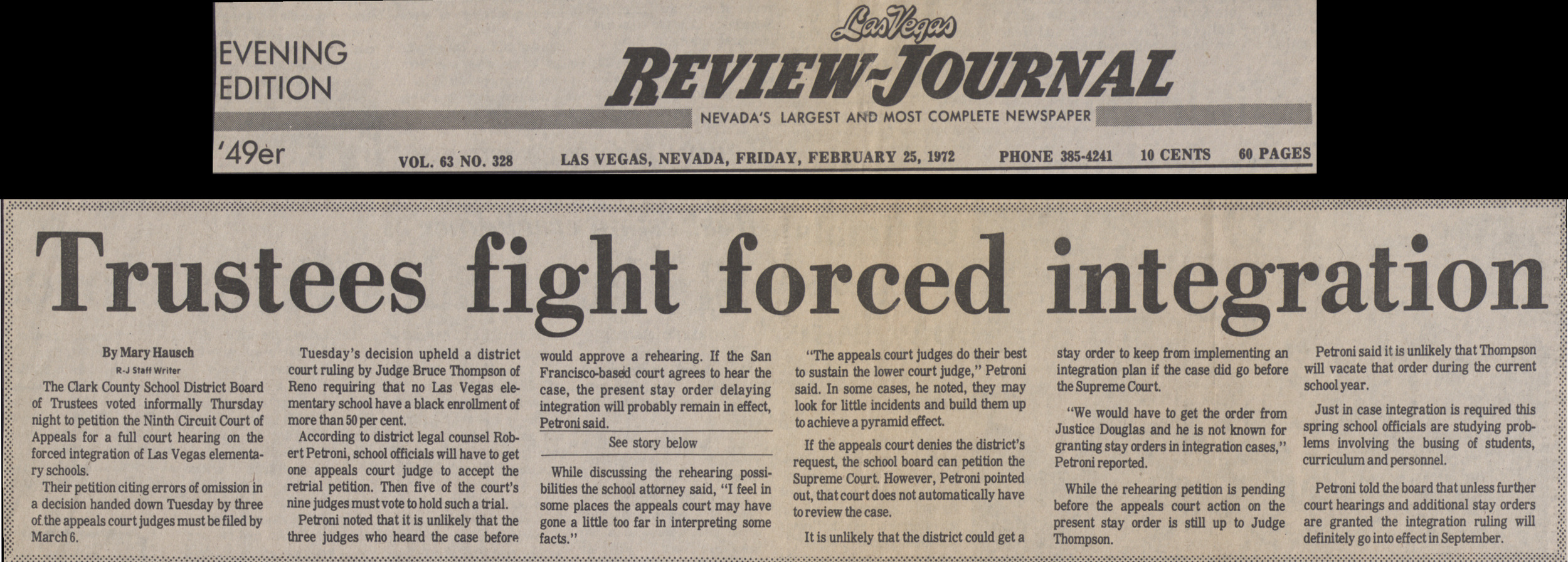 Newspaper clipping, Trustees fight forced integration, Las Vegas Review-Journal, February 25, 1972