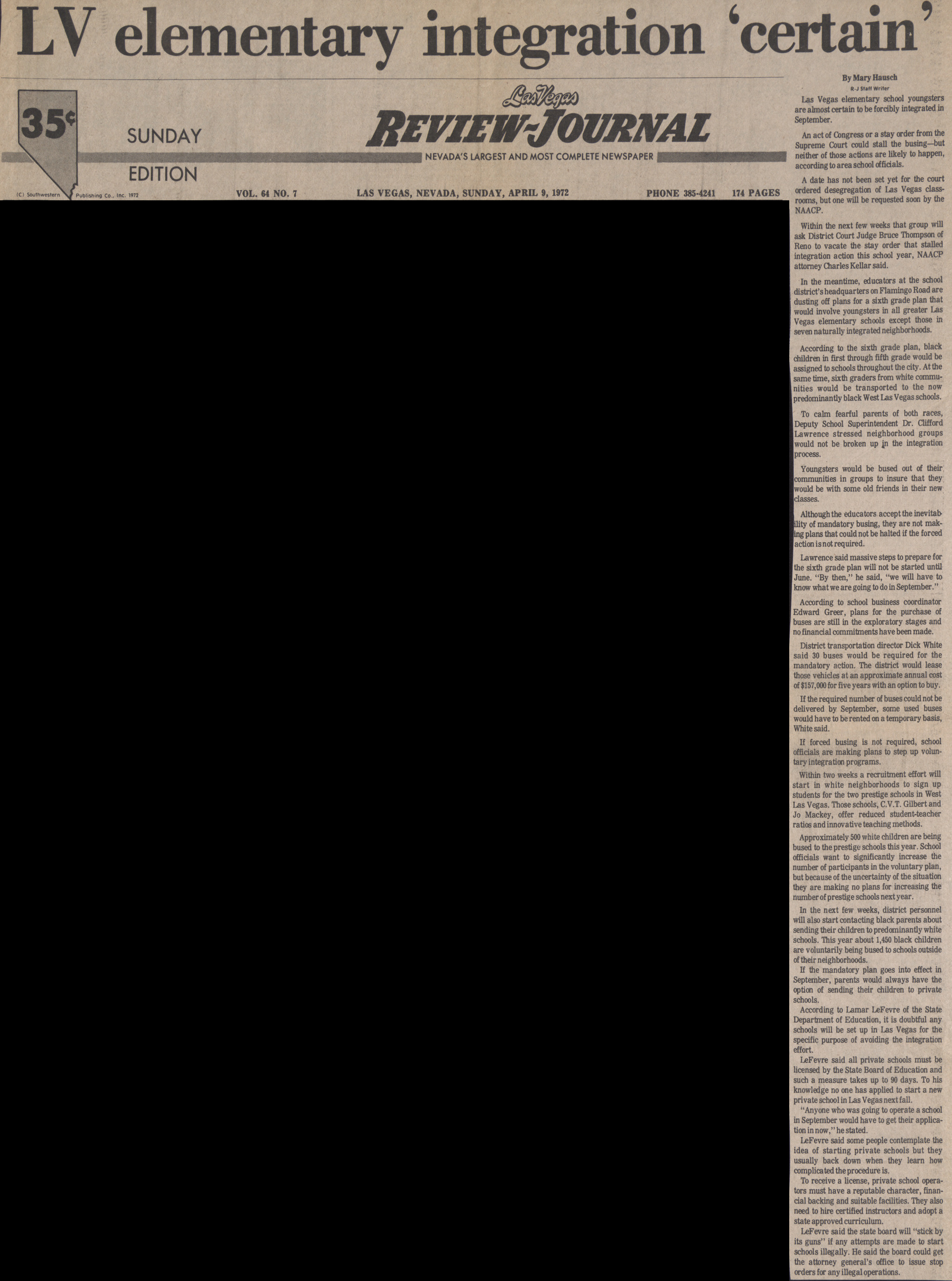 Newspaper clipping, LV elementary integration 'certain', Las Vegas Review-Journal, April 9, 1972