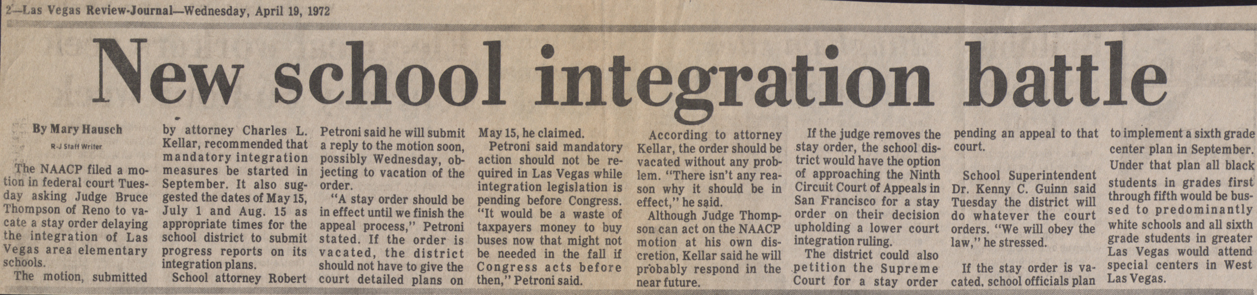 Newspaper clipping, New school integration battle, Las Vegas Review-Journal, April 19, 1972