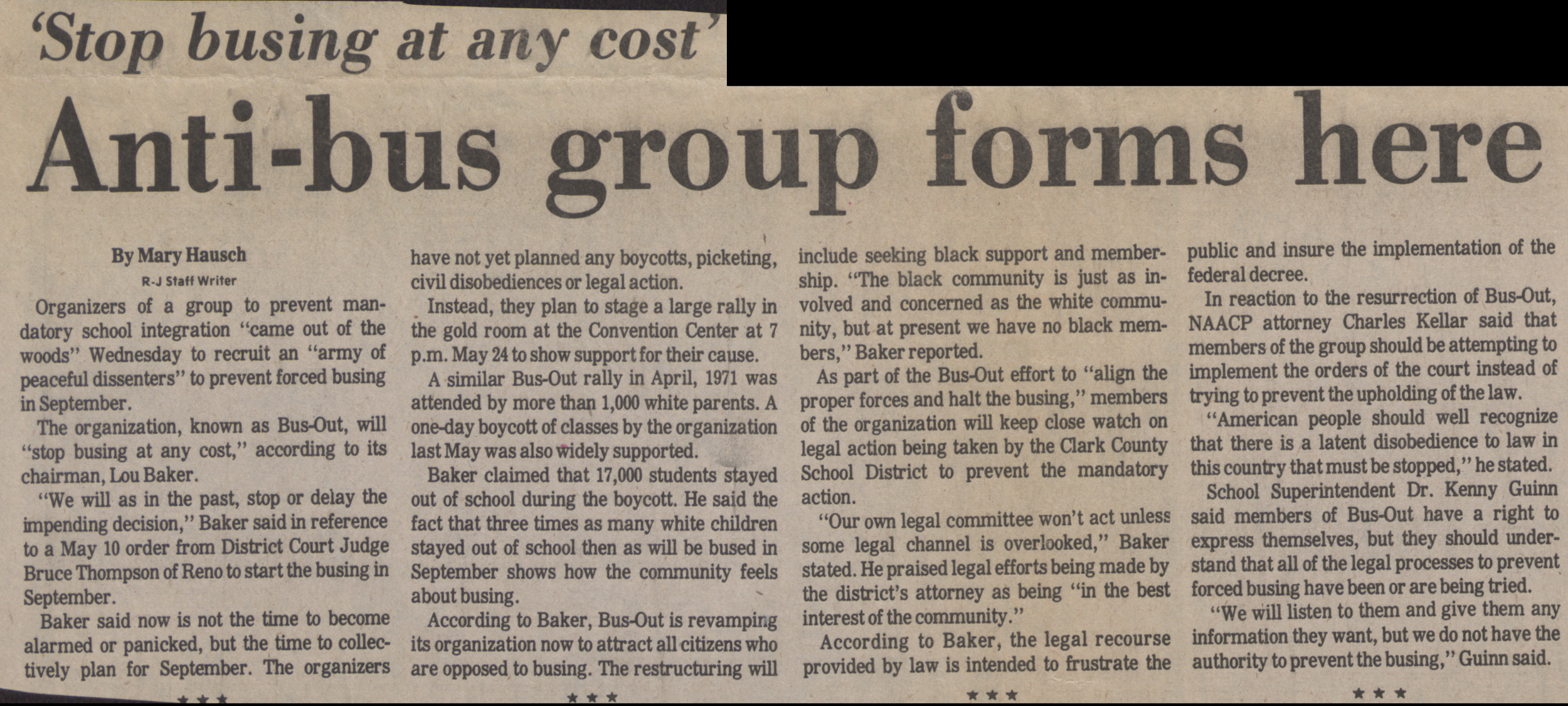 Newspaper clipping, 'Stop busing at any cost' - Anti-bus group forms here, Las Vegas Review-Journal, May 19 (?), 1972