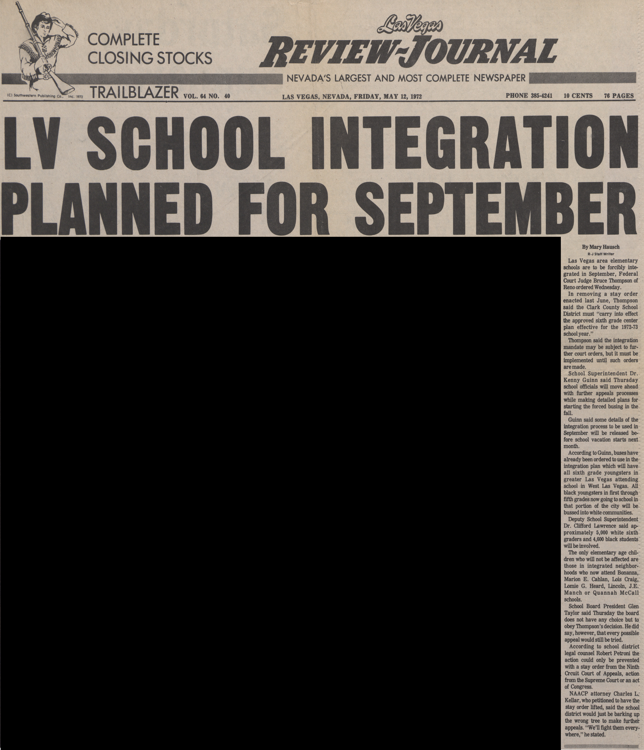 Newspaper clipping, LV SCHOOL INTEGRATION PLANNED FOR SEPTEMBER, Las Vegas Review-Journal, May 12, 1972