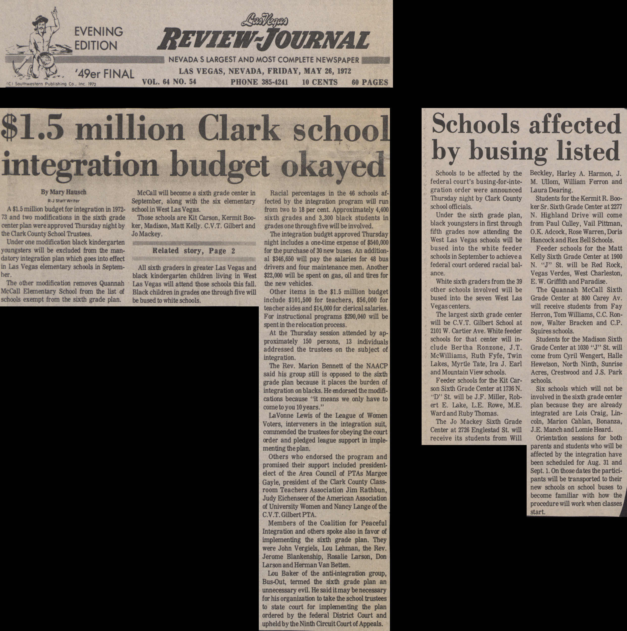 Newspaper clipping, $1.5 million Clark school integration budget okayed; and, Schools affected by busing listed, Las Vegas Review-Journal, evening edition, May 26, 1972