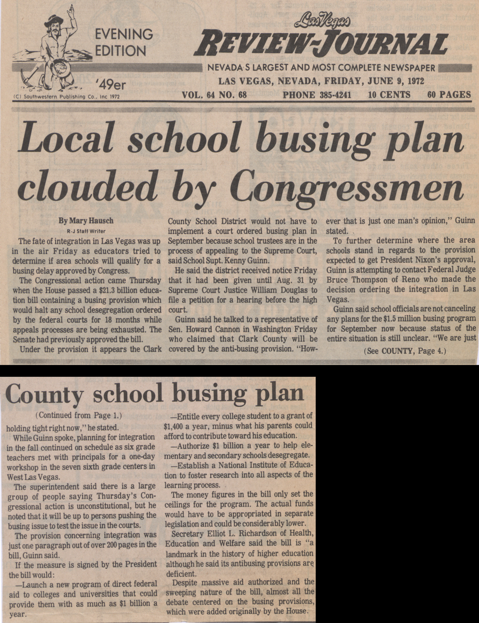 Newspaper clipping, Local school busing plan clouded by Congressmen, Las Vegas Review-Journal, evening edition, June 9, 1972