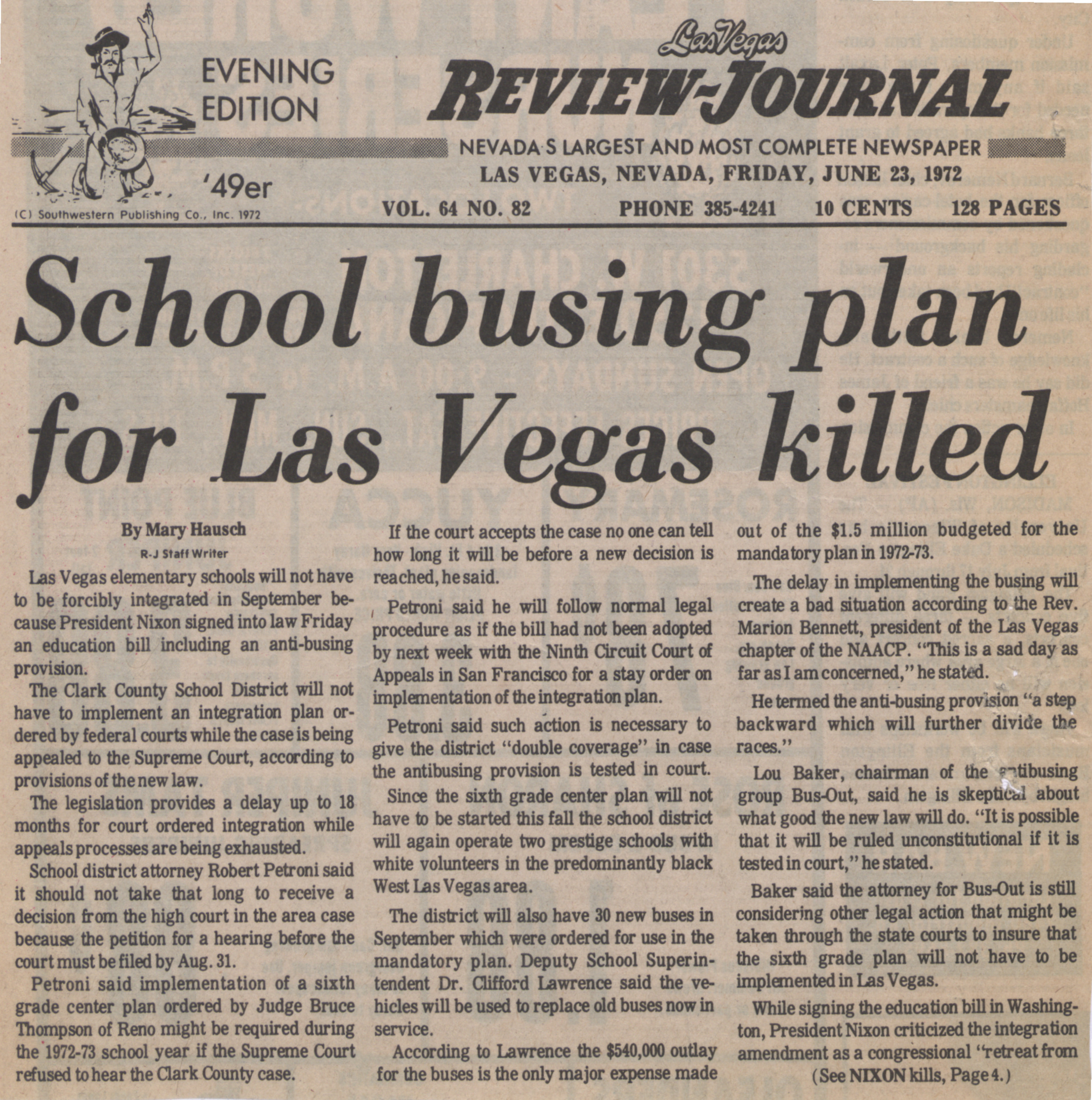 Newspaper clipping, School busing plan for Las Vegas killed, Las Vegas Review-Journal, evening edition, June 23, 1972