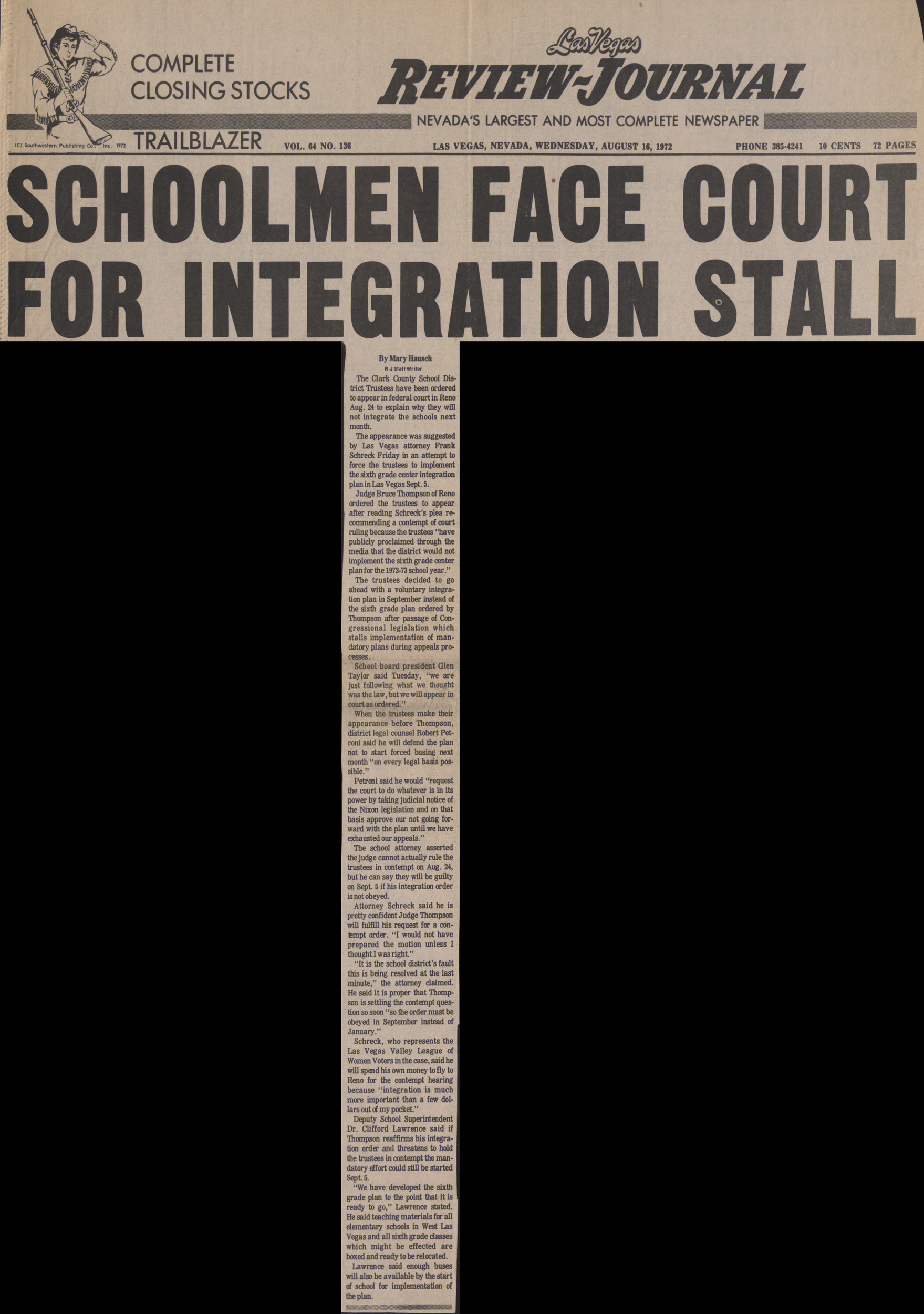 Newspaper clipping, SCHOOLMEN FACE COURT FOR INTEGRATION STALL, Las Vegas Review-Journal, August 16, 1972