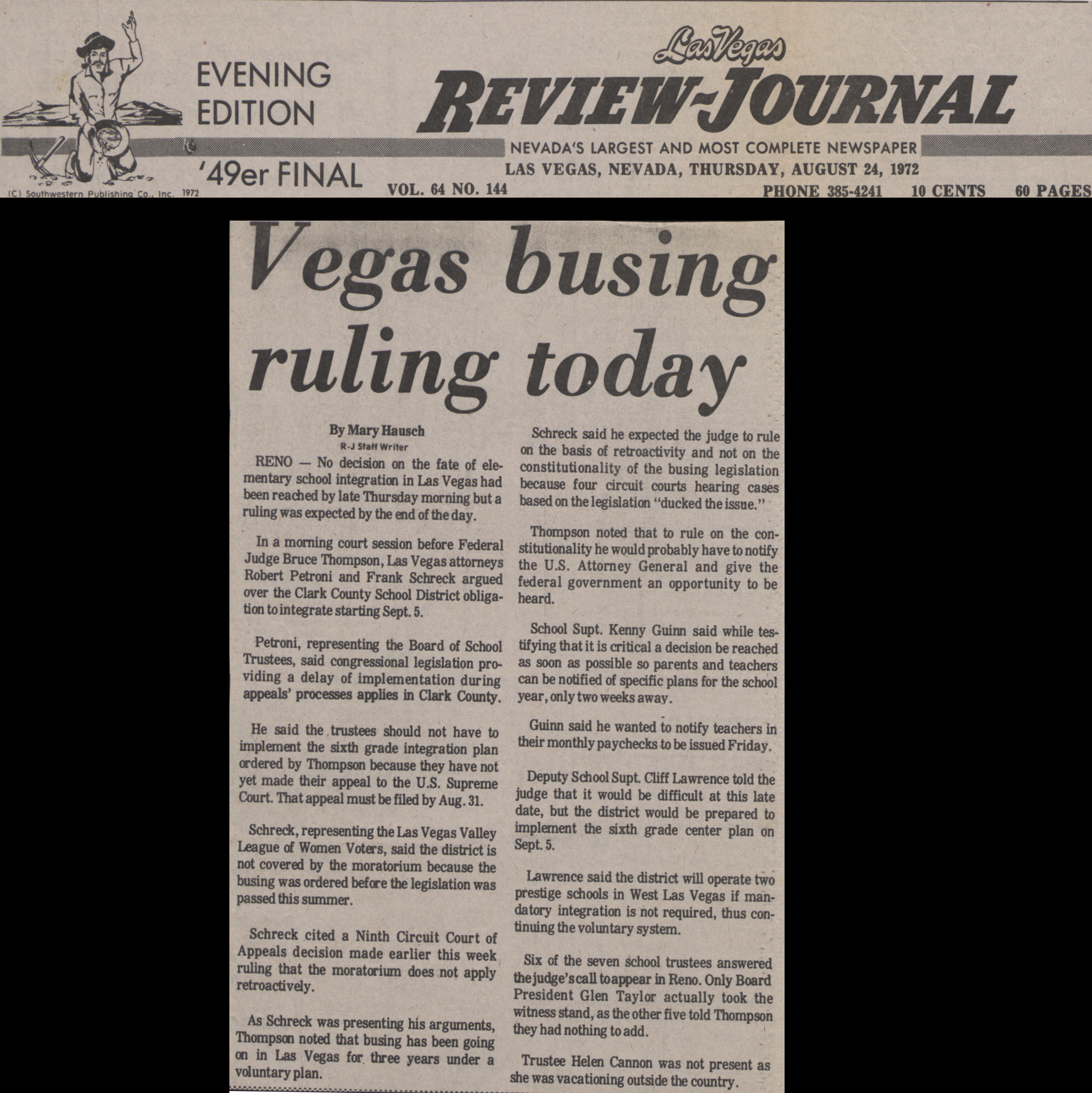 Newspaper clipping, Vegas busing ruling today, Las Vegas Review-Journal, evening edition, August 24, 1972