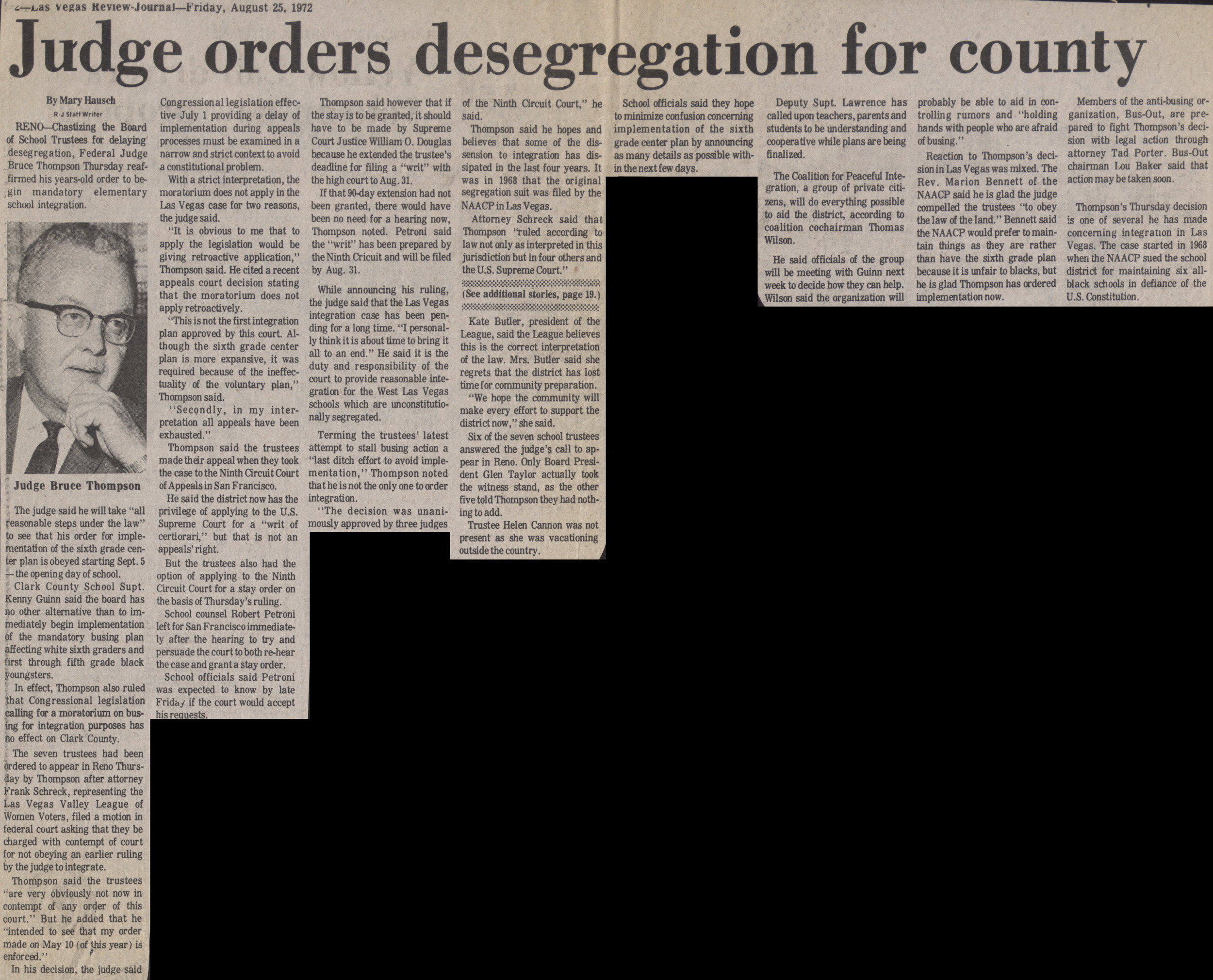 Newspaper clipping, Judge orders desegregation for county, Las Vegas Review-Journal, August 25, 1972