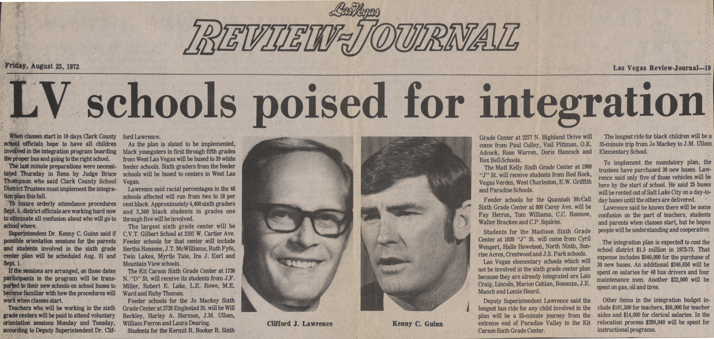 Newspaper clipping, LV schools poised for integration, Las Vegas Review-Journal, August 25, 1972