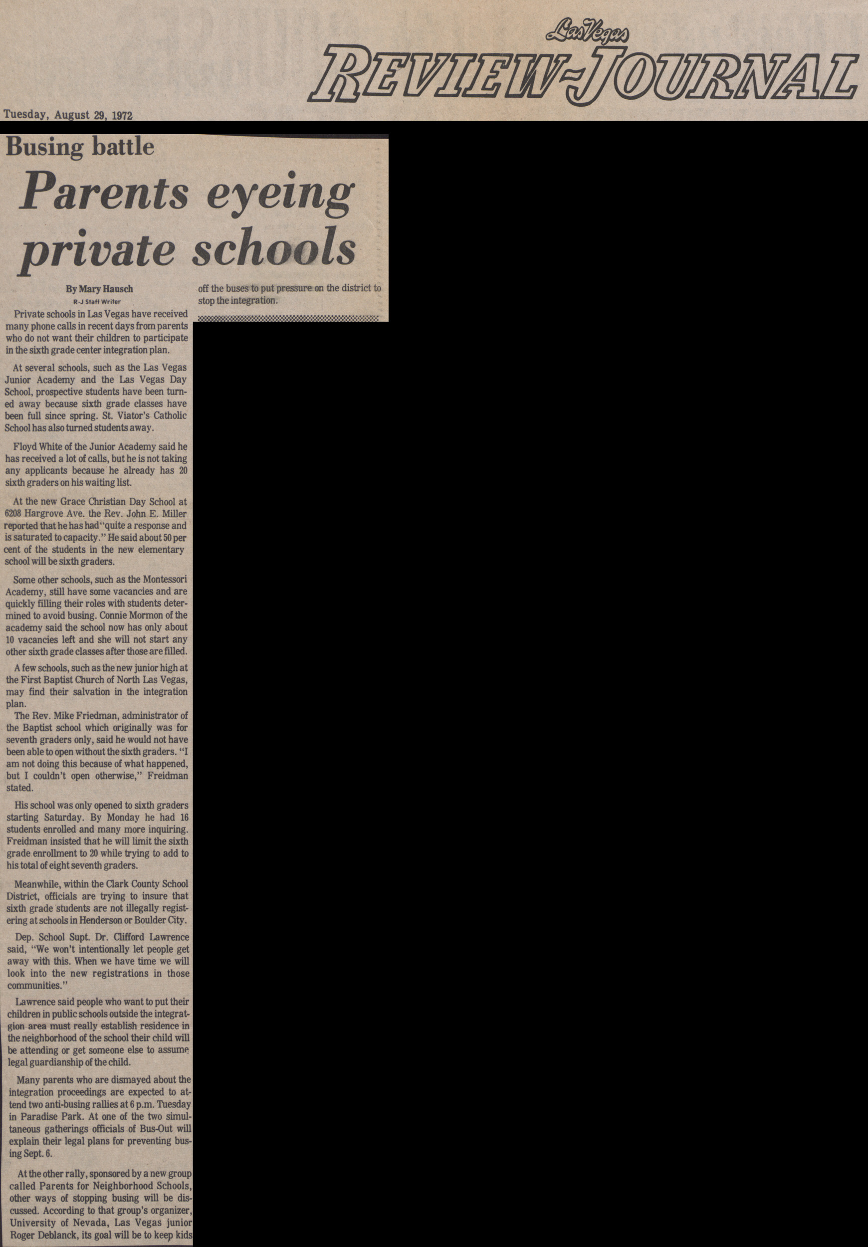 Newspaper clipping, Busing battle - Parents eyeing private schools, Las Vegas Review-Journal, August 29, 1972