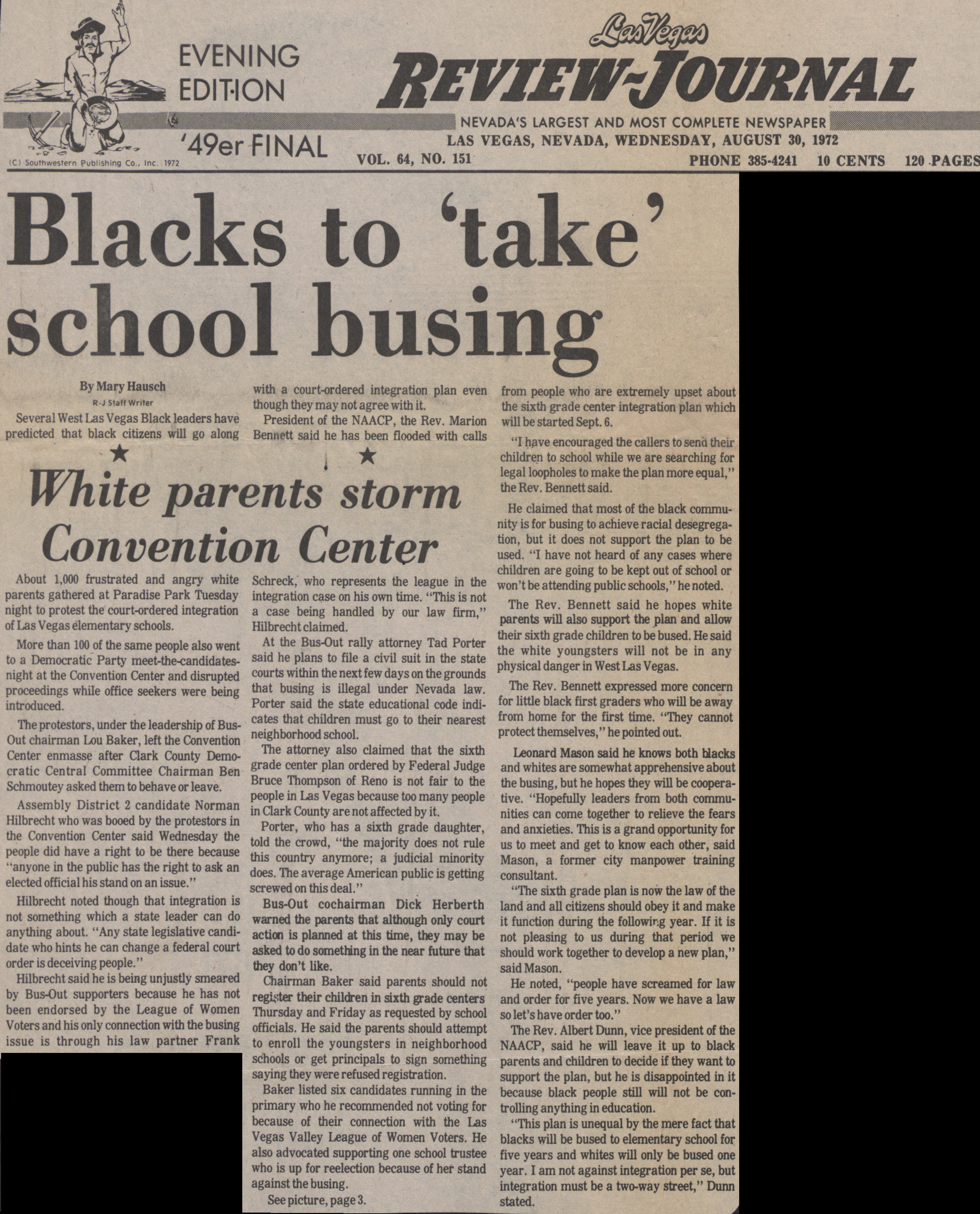 Newspaper clipping, Blacks to 'take' school busing, White parents storm Convention Center, Las Vegas Review-Journal, August 30, 1972
