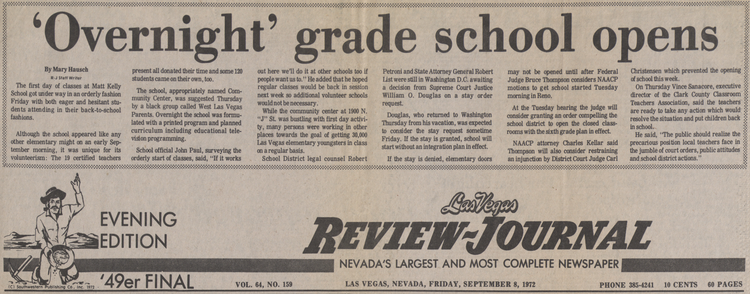 Newspaper clipping, 'Overnight' grade school opens, Las Vegas Review-Journal, evening edition, September 8, 1972