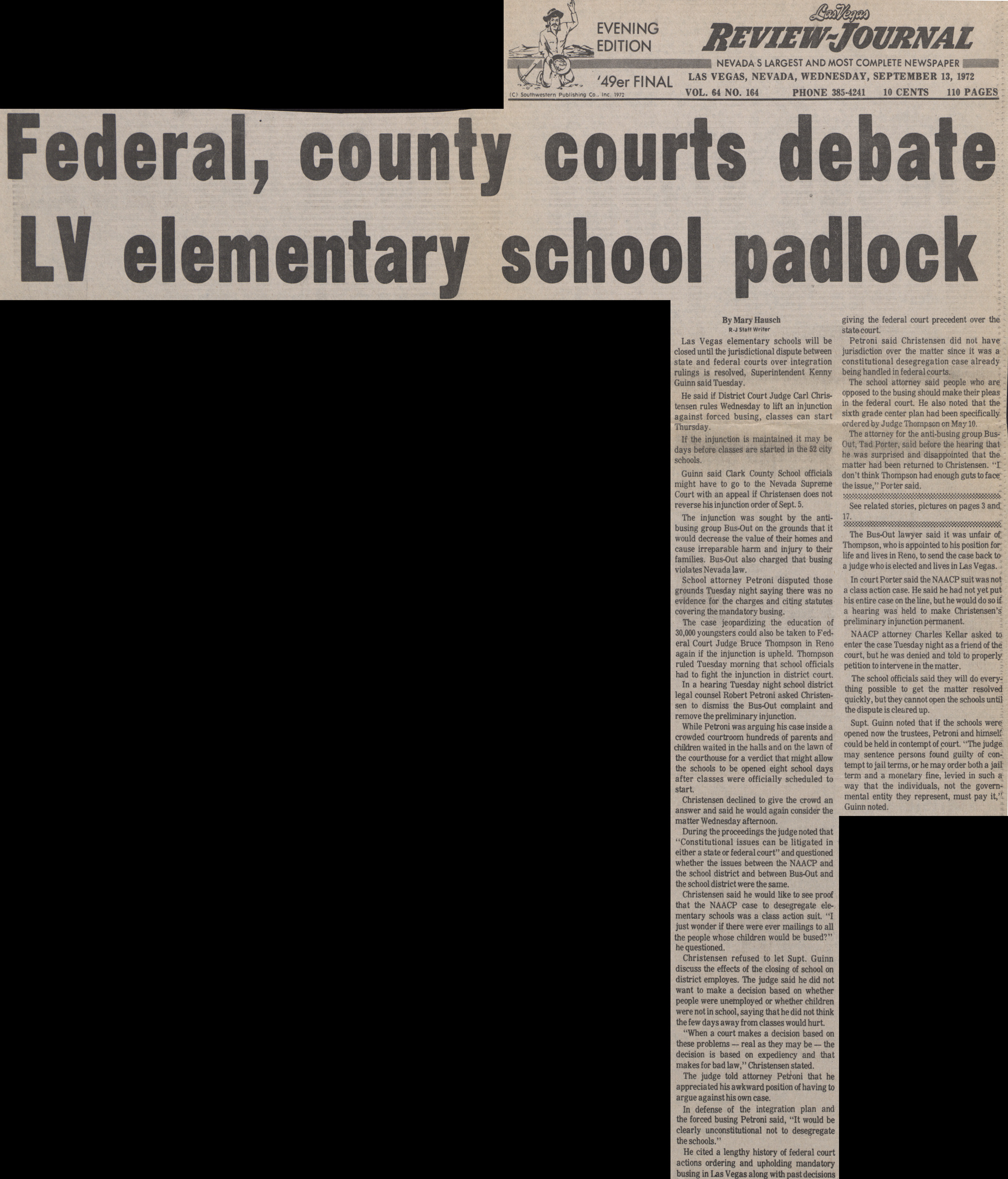 Newspaper clipping, Federal, county courts debate LV elementary school padlock, Las Vegas Review-Journal, evening edition, September 13, 1972