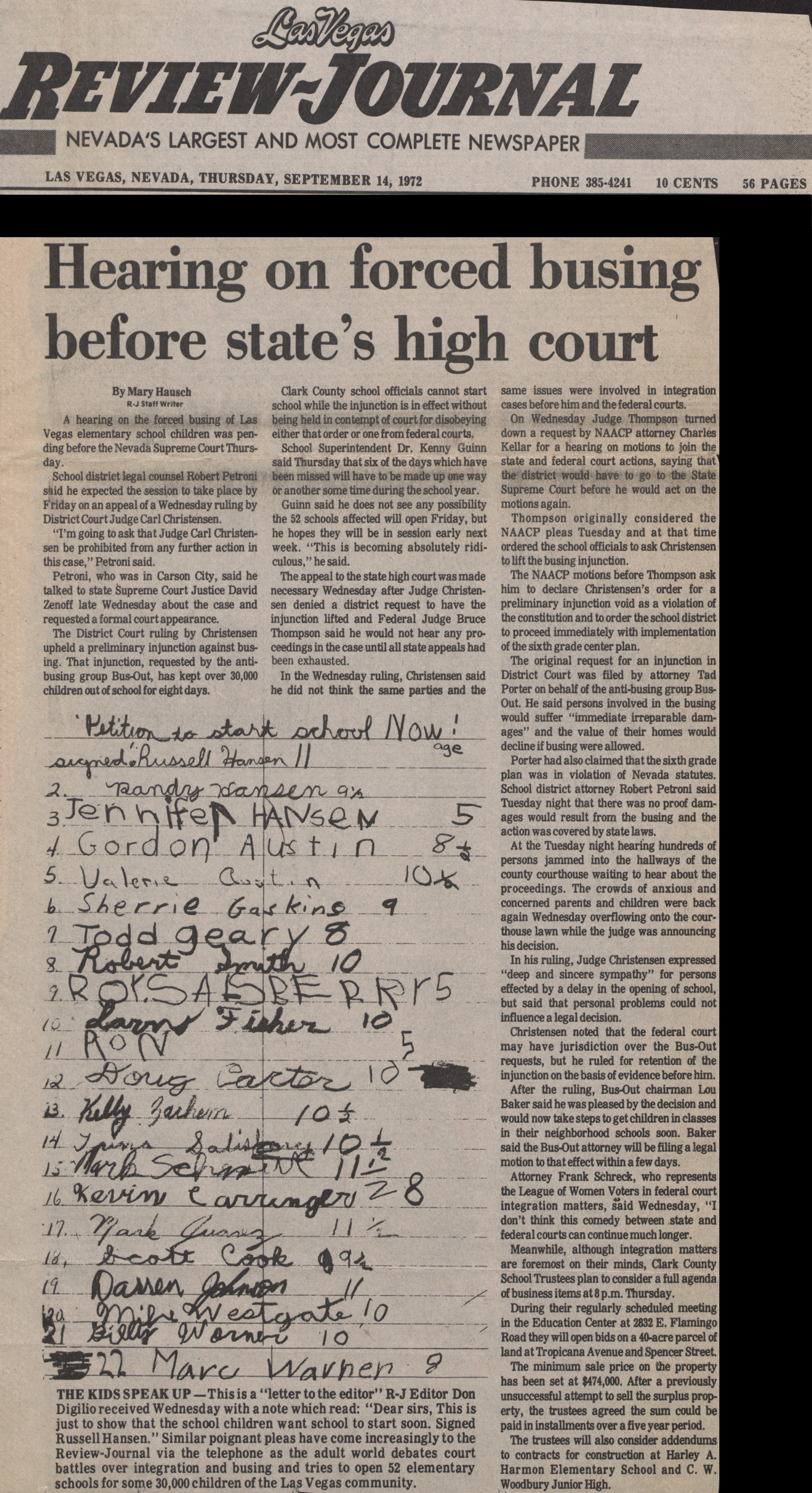 Newspaper clipping, Hearing on forced busing before state's high court, Las Vegas Review-Journal, September 14, 1972