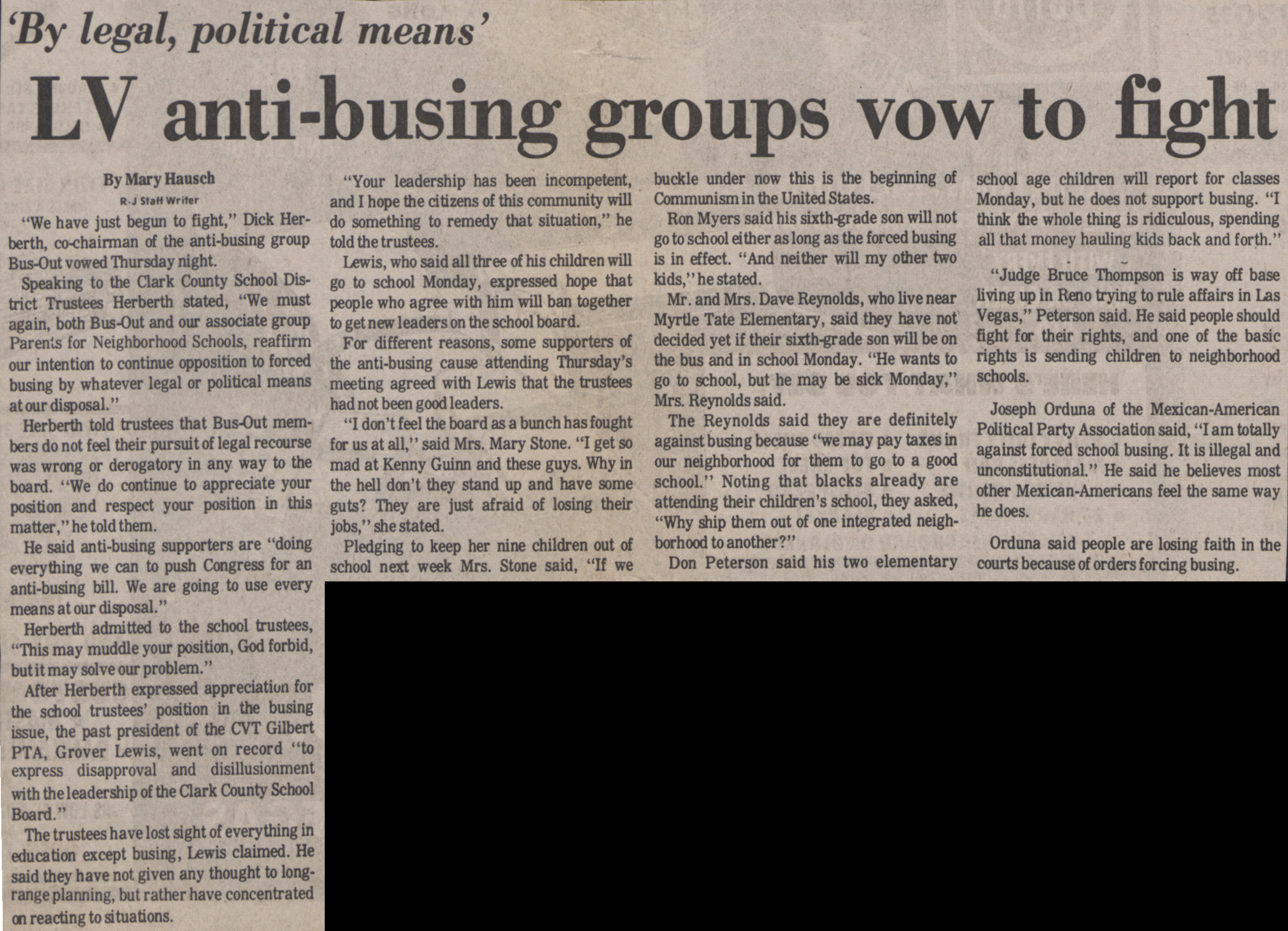 Newspaper clipping, 'By legal, political means,' LV anti-busing groups vow to fight, Las Vegas Review-Journal, September 15, 1972