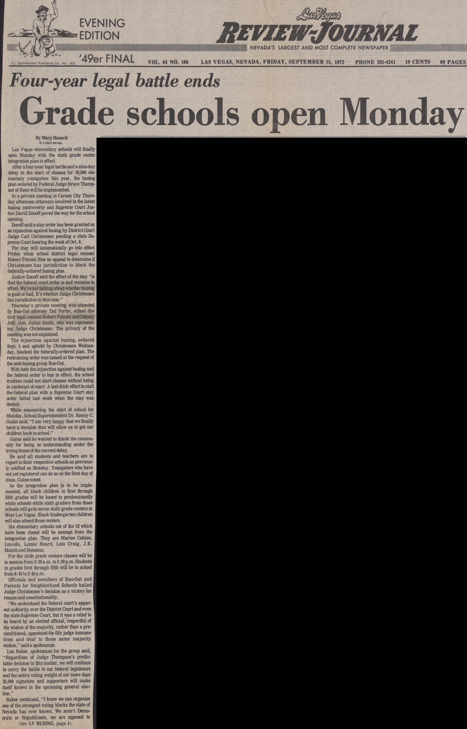 Newspaper clipping, Four-year legal battle ends, Grade schools open Monday, Las Vegas Review-Journal, evening edition, September 15, 1972