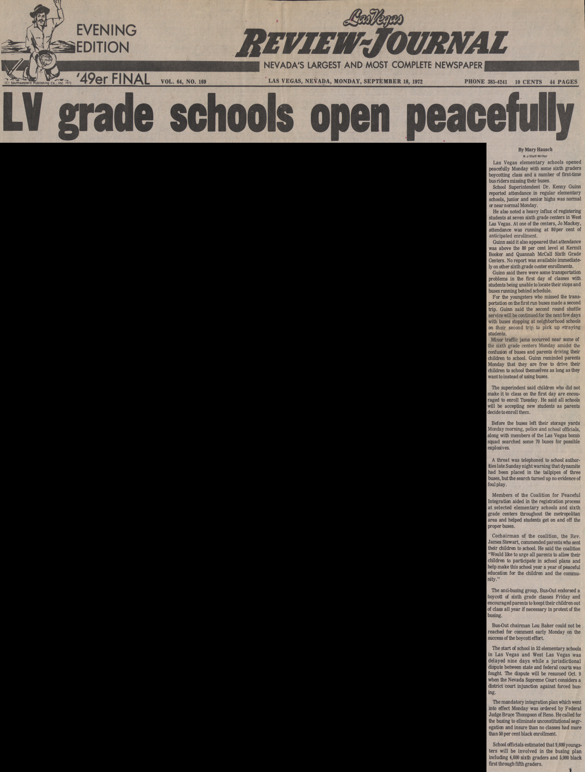 Newspaper clipping, LV grade schools open peacefully, Las Vegas Review-Journal, evening edition, September 18, 1972