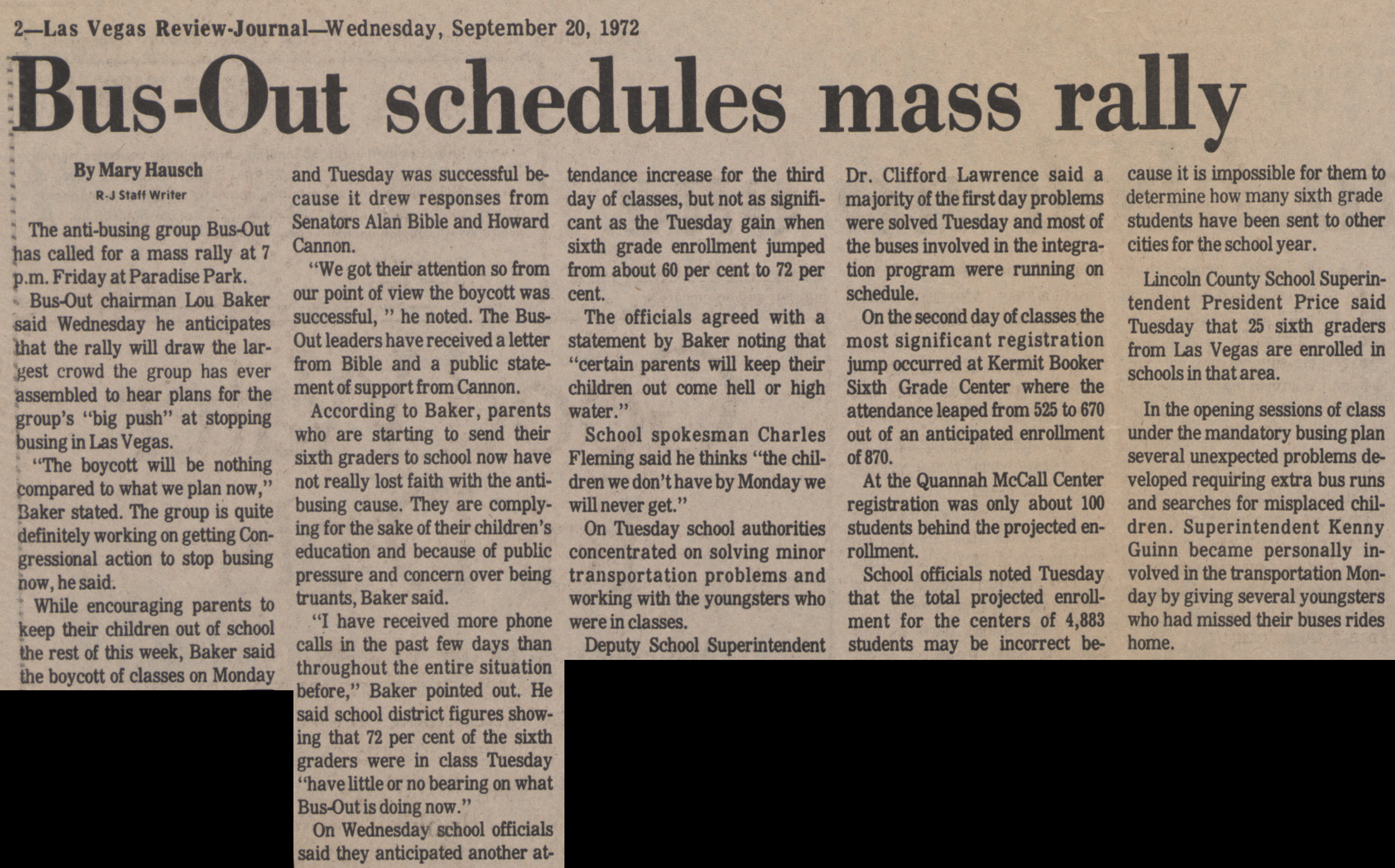 Newspaper clipping, Bus-Out schedules mass rally, Las Vegas Review-Journal, September 20, 1972