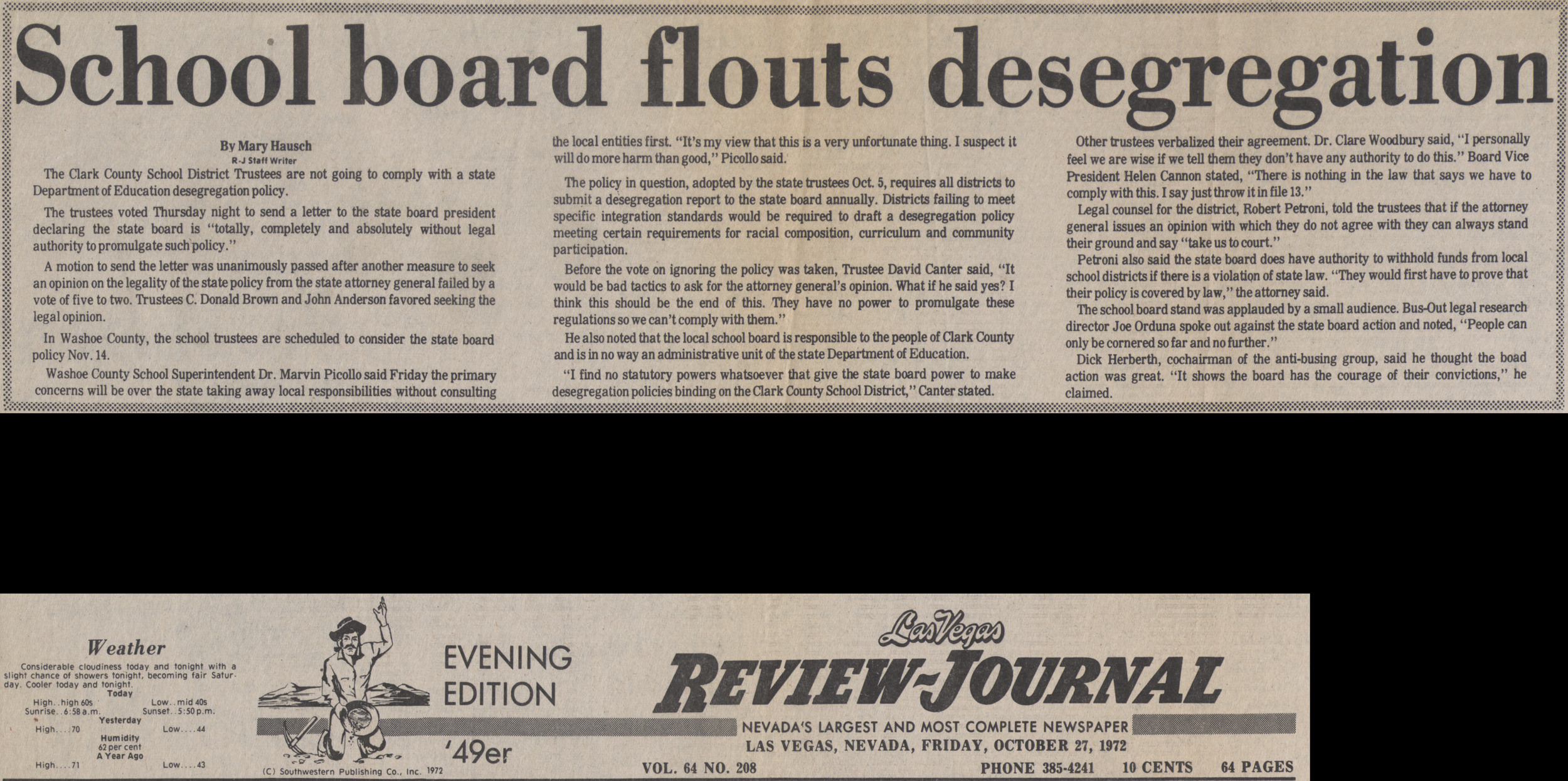 Newspaper clipping, School board flouts desegregation, Las Vegas Review-Journal, evening edition, October 27, 1972