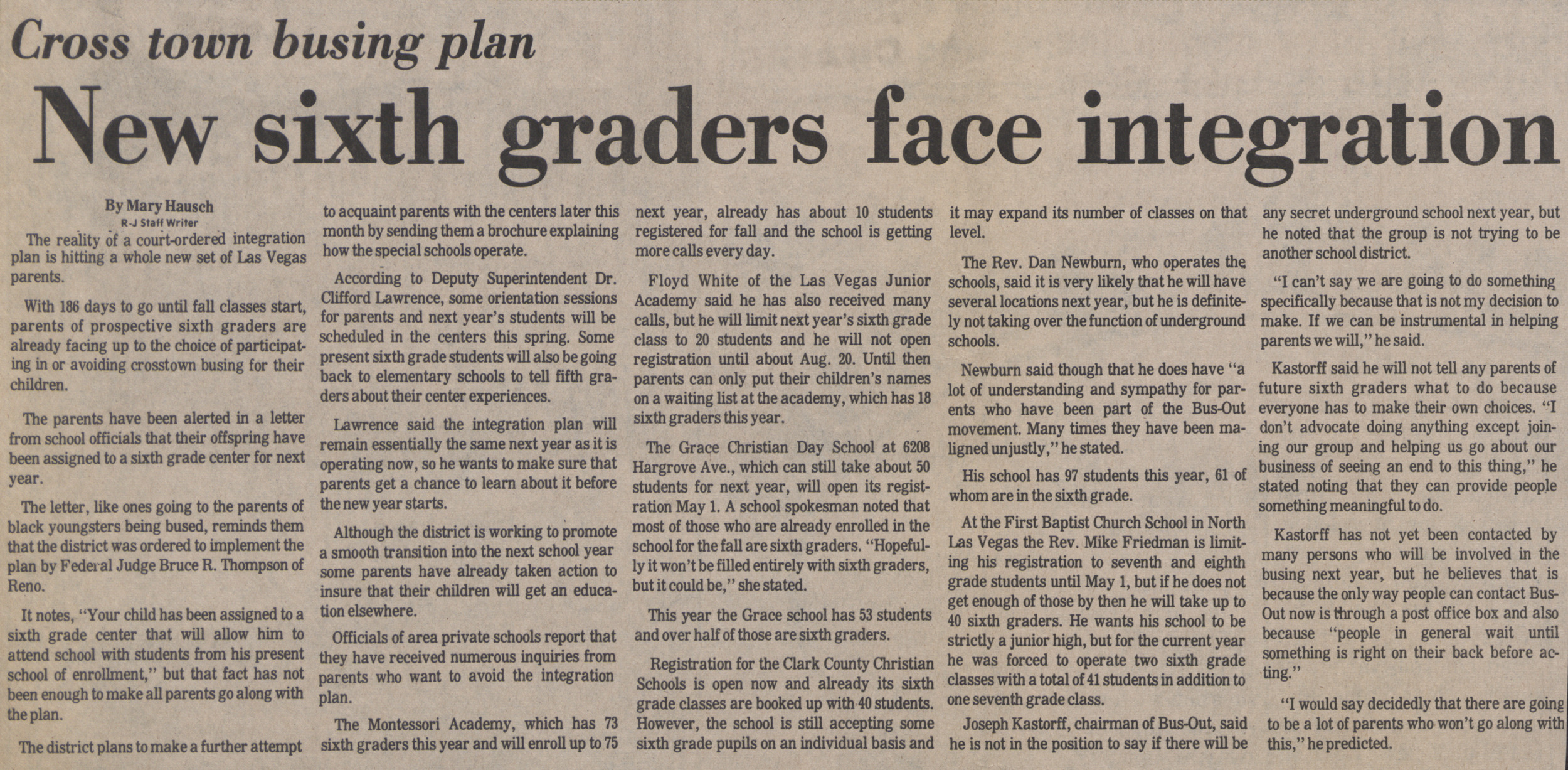 Newspaper clipping, Cross town busing plan - New sixth graders face integration, Las Vegas Review-Journal, April 1, 1973