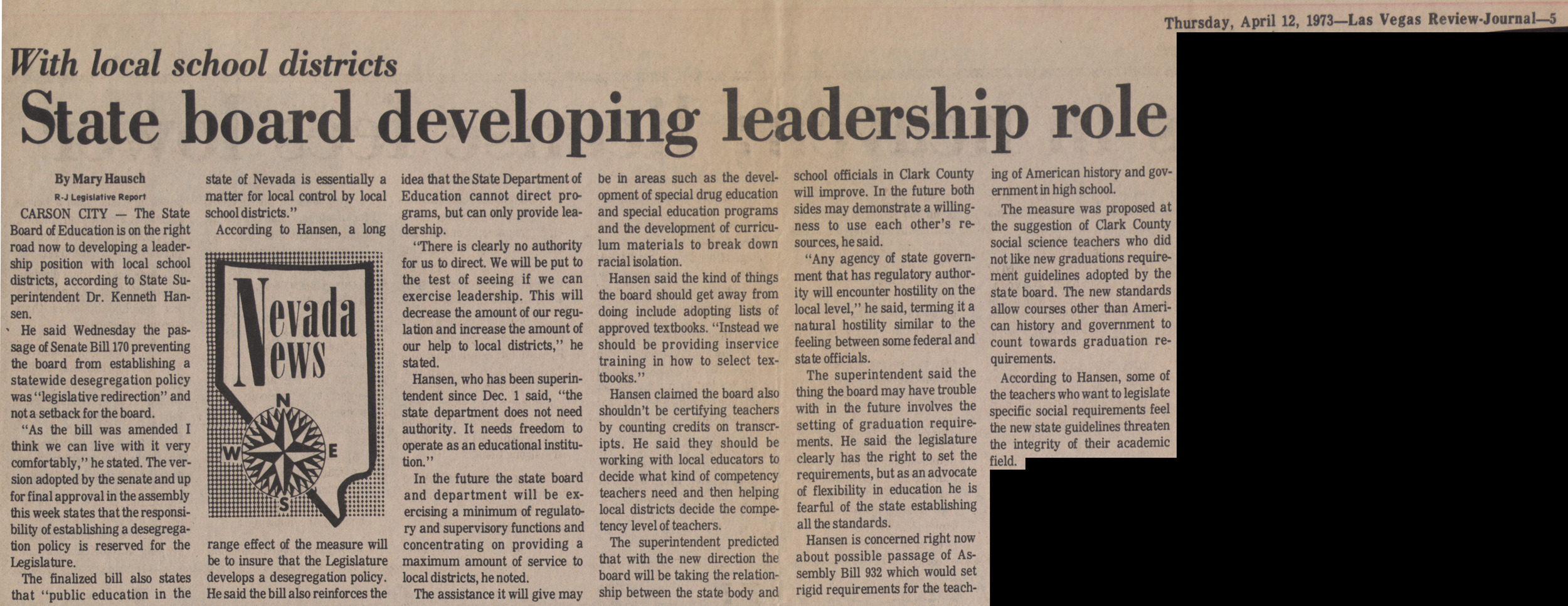 Newspaper clipping, With local school districts - State board developing leadership role, Las Vegas Review-Journal, April 12, 1973