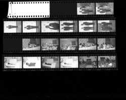 Set of negatives by Clinton Wright including Womens Domo West banquet, Reverend Walker, self-portrait experiment in mirror, Donald Powell in casket, school board, and press conference, 1966