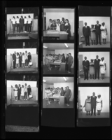 Set of negatives by Clinton Wright including Missionary Cooper at New Jerusalem, Flora Dongan's opening campaign, Dukes & Duchesses award program at Sugar Hill, and Reverend J.L. Simmons, Mrs. J.L. Simmons and their daughter, 1968