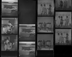 Set of negatives by Clinton Wright including Recreation Association at Doolittle, Doolittle piano recital, Victory Choir, NCAW raffle winner (Turner), Highland school girls basketball team, and Sarann at Shops, 1970