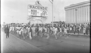 3rd Annual Sun marathon race starting line in front of the Hacienda, black-and-white, Las Vegas, Nevada: panoramic photograph