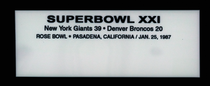 "Super Bowl XXI  New York Giants 39 - Denver Broncos 20 - Rose Bowl, Pasadena, California" textual overlay