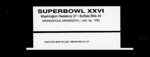 "Super Bowl XXVI Washington Redskins 37 - Buffalo Bills 24, Minneapolis, Minnesota" textual overlay
