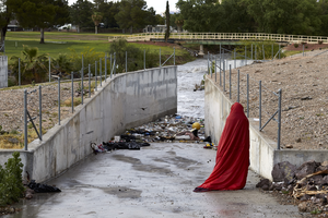 Homelss man loses his belongings during flood, Las Vegas, Nevada: digital photograph