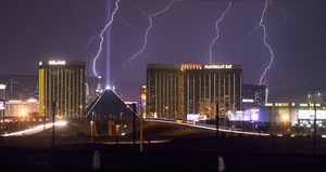 Mandalay Bay, Luxor, and Delano Hotel during summer thunderstorm, Las Vegas, Nevada: digital photograph