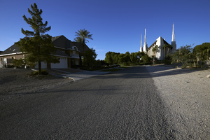 LDS (Church of Jesus Christ of Latter Day Saints / Mormon) Temple and surrounding neighborhood, North Las Vegas, Nevada: digital photograph