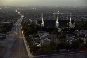 Dusk over the Las Vegas Valley and the LDS (Church of Jesus Christ of Latter Day Saints / Mormon) Temple, North Las Vegas, Nevada: digital photograph