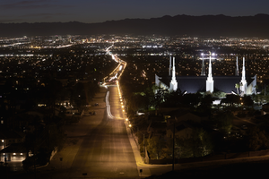 Dusk over the Las Vegas Valley and the LDS (Church of Jesus Christ of Latter Day Saints / Mormon) Temple, North Las Vegas, Nevada: digital photograph