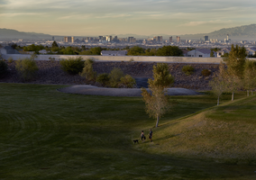 Detention basin at Anthem Hills Park with Las Vegas Strip in background, Henderson, Nevada: digital photograph