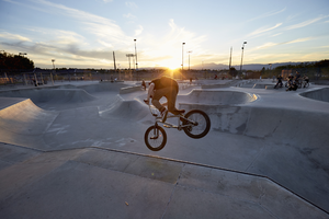 BMX bike riders at Anthem Hills Park, Henderson, Nevada: digital photograph