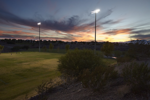 Sunset at the dention basin at Anthem Hills Park, Henderson, Nevada: digital photograph