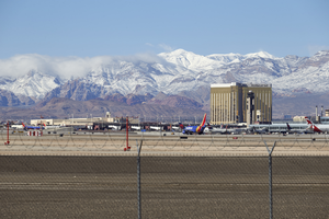 McCarran International Airport and snow on the Spring Mountains, Las Vegas, Nevada: digital photograph