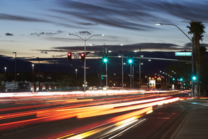 Traffic at sunset on Sunset Road, Henderson, Nevada: digital photograph