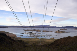 Power lines lead towards Marinas at Hemenway Harbor, Lake Mead, Nevada: digital photograph