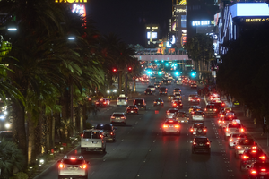 Auto and pedestrian traffic on the Las Vegas Strip, Las Vegas, Nevada: digital photograph