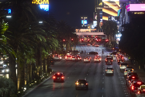 Auto and pedestrian traffic on the Las Vegas Strip, Las Vegas, Nevada: digital photograph