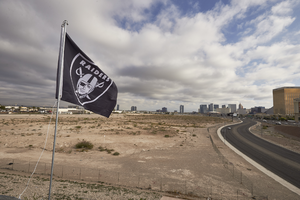Raiders flag at Las Vegas Stadium site pre-construction, Las Vegas, Nevada: digital photograph