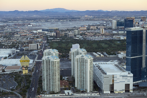 Three Turnberry Place with Westgate Las Vegas Hotel & Casino sign, Las Vegas, Nevada: digital photograph