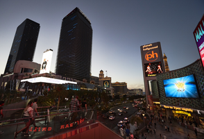 Pedestrians use overpass near The Cosmopolitan Hotel and Casino, Las Vegas, Nevada: digital photograph