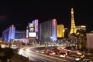 Interection of Las Vegas Strip at Flamingo Road at night, Las Vegas, Nevada: digital photograph
