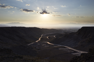 Ascaya Boulevard canyon in the Ascaya development at sunset, Henderson, Nevada: digital photograph
